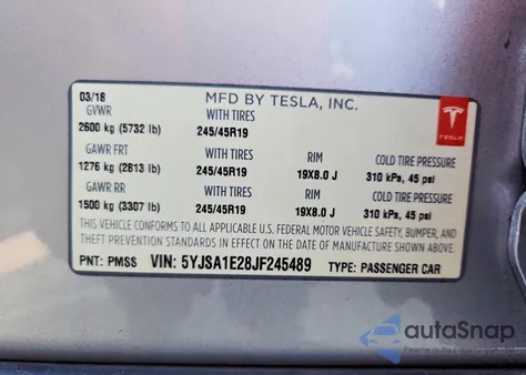 2018 Tesla Model S from USA, damaged, VIN 5YJSA1E28JF245489